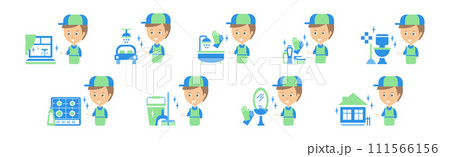 Cleanup Service with Man and Housework Flat Icon Vector Set 111566156