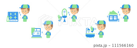 Cleanup Service with Man and Housework Flat Icon Vector Set 111566160