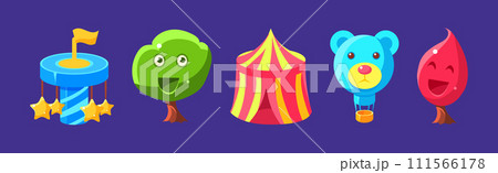 Amusement Park and Funfair Object with Tent, Tree and Hot Air Balloon Vector Set 111566178