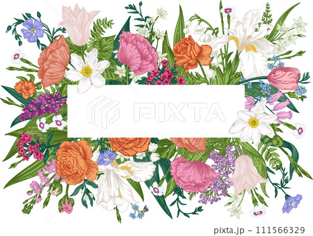 Floral frame. Card with place for text. Horizontal. Botanical illustration. Ranunculus, forest anemone, white iris, carnation, flax, forget-me-not, lilac, levkoy. Blooming. Colorful. 111566329