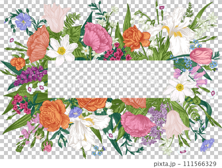 Floral frame. Card with place for text. Horizontal. Botanical illustration. Ranunculus, forest anemone, white iris, carnation, flax, forget-me-not, lilac, levkoy. Blooming. Colorful. 111566329