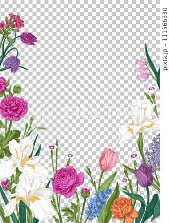 Vivid spring card with garden and forest flowers. Wedding invitation. Colorful. Engraving style. Vivid spring card with garden and forest flowers. Wedding invitation. Colorful. Engraving style. 111566330