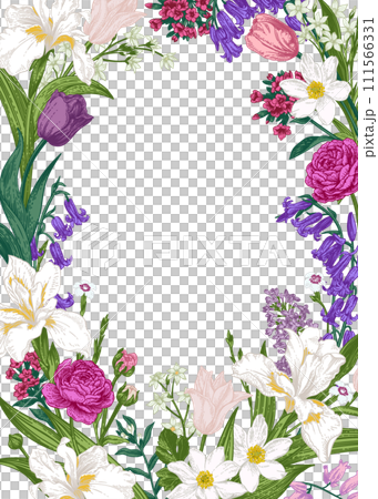 Floral card. Frame with garden flowers. Botanical illustration. Blooming. Colorful. Engraving style. Floral card. Frame with garden flowers. Botanical illustration. Blooming. Colorful. Engraving style. 111566331