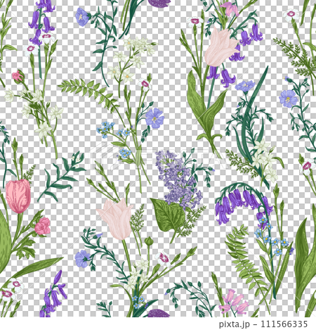Seamless botanical pattern with garden and wild flowers. Floral background. Blue and pink. Engraving style. 111566335