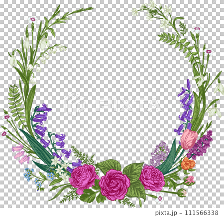 Flower wreath. Botanical illustration. Vintage style. Wedding invitation. Colorful. 111566338