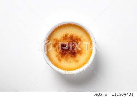 Top view of creme brulee traditional French vanilla cream dessert isolated on the white background 111566431