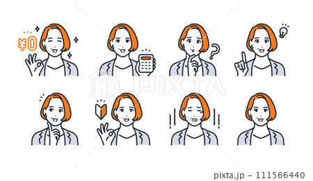 女性管理職のシンプルな表情アイコンイラストセット素材 111566440