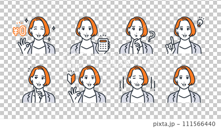 女性管理職のシンプルな表情アイコンイラストセット素材 111566440