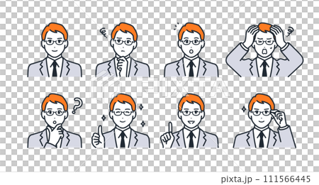 戴眼鏡的年輕人的臉部表情圖示插圖集素材 111566445
