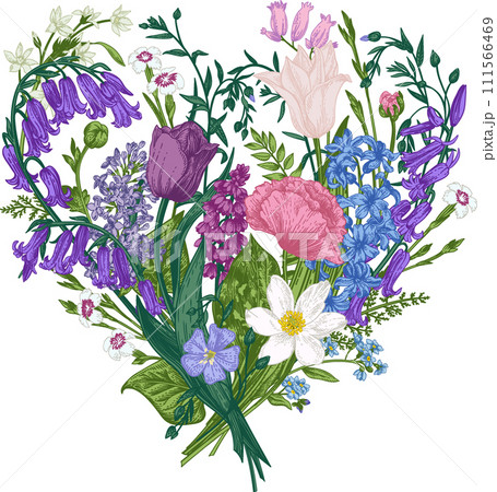 Floral heart with blue and pink garden flowers. Botanical illustration. Colorful. Blooming. 111566469