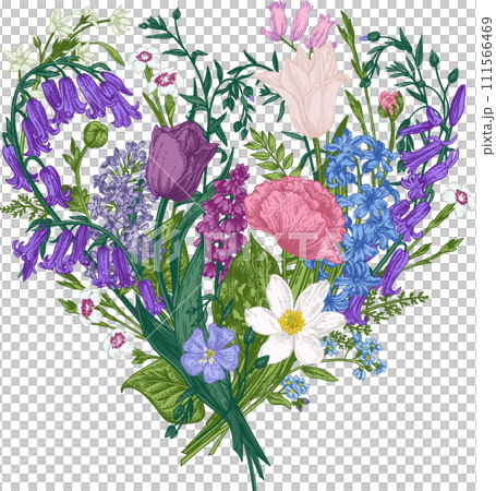 Floral heart with blue and pink garden flowers. Botanical illustration. Colorful. Blooming. 111566469