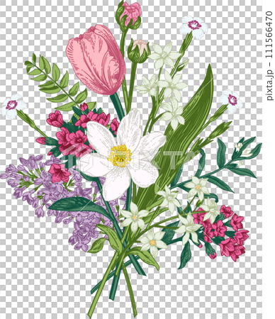 Floral blooming bouquet. Thank you card. Botanical illustration. Colorful. Engraving style. Floral blooming bouquet. Thank you card. Botanical illustration. Colorful. Engraving style. 111566470