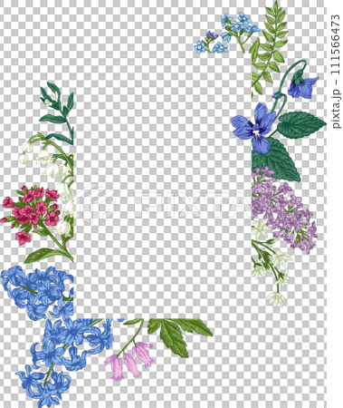 Wedding invitation with spring and summer garden flowers. Botanical illustration. Colorful. Engraving style. Wedding invitation with spring and summer garden flowers. Botanical illustration. Colorful. Engraving style. 111566473