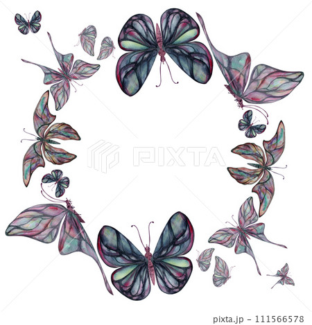 Hand drawn watercolor illustration butterfly fairy wings gem crystal insect moth. Tourmaline pearl labradorite opal. Wreath frame isolated on white background. Design print, shop, wedding, birthday 111566578
