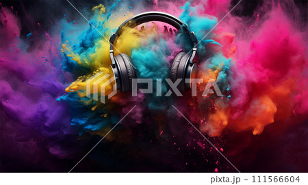 鮮やかな色彩爆発とヘッドフォン 鮮やかな色彩爆発とヘッドフォン 111566604