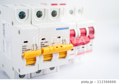 Automatic circuit breaker on white background, control and protect electrical power system. 111566666