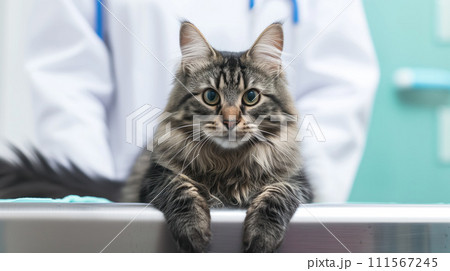 Gorgeous fluffy gray cat at veterinarian's appointment lies quietly on the table, a doctor in white gloves in the background Gorgeous fluffy gray cat at veterinarian's appointment lies quietly on the table, a doctor in white gloves in the background 111567245