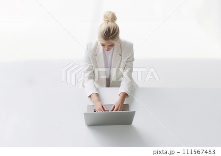 Focused Businesswoman at Work. Top View, white background. 111567483