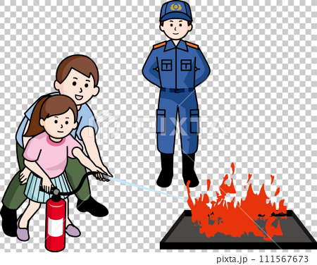 消火訓練をする男性と子供 111567673