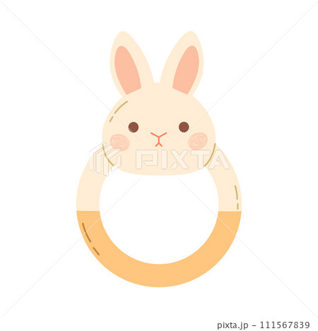 Baby rattle with cute bunny. Teething toy for newborn. Toddler chewing teether. Flat vector illustration isolated on white Baby rattle with cute bunny. Teething toy for newborn. Toddler chewing teether. Flat vector illustration isolated on white 111567839