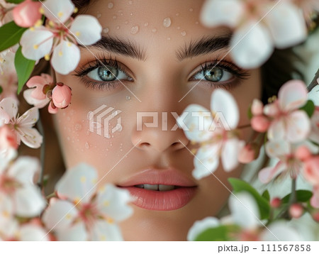 A close-up beauty portrait of a woman with clear skin, surrounded by delicate white and pink spring blossoms. 111567858