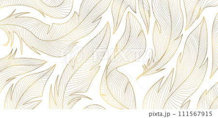 Vector gold feathers on white pattern, abstract luxury line design wallpaper. Art deco wedding texture, wing angel decoration. 111567915
