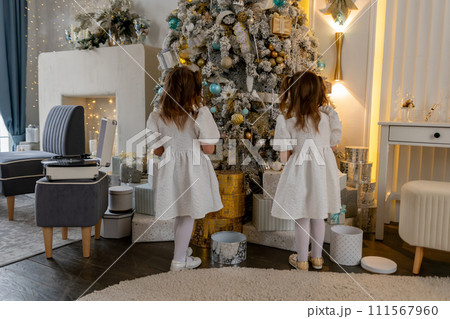 Two twin sisters in a white dress decorate the Christmas tree with their own hands, Christmas holidays at home. Two twin sisters in a white dress decorate the Christmas tree with their own hands, Christmas holidays at home. 111567960