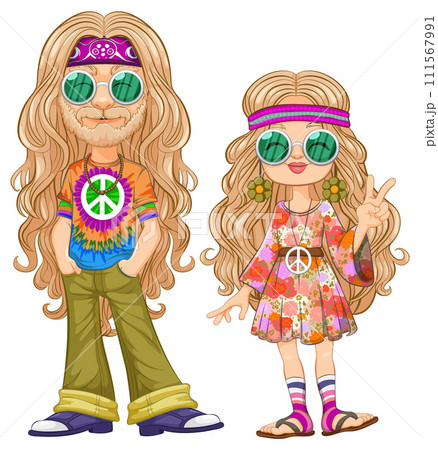 Groovy Hippie Family Fashion Illustration 111567991