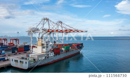 Aerial view container cargo ship maritime carrying container, Global business import export logistic freight shipping transportation international by container cargo ship, Container fright shipping. 111568730