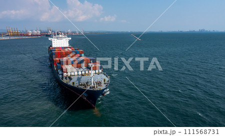 Aerial view container cargo ship maritime carrying container, Global business import export logistic freight shipping transportation international by container cargo ship, Container fright shipping. 111568731
