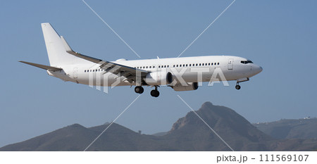 The plane lands.Airplane, passengers flying in the sky, preparing to land at the airport	 111569107