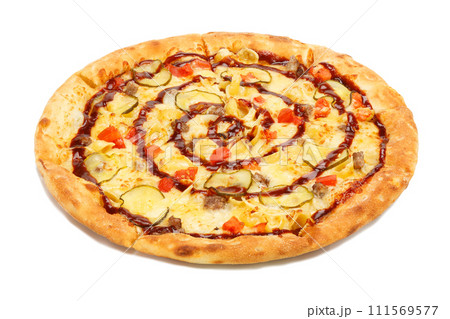 Top view on italian pizza with bacon and pickled cucumbers Top view on italian pizza with bacon and pickled cucumbers 111569577