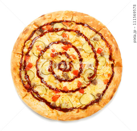 Top view on italian pizza with bacon and pickled cucumbers 111569578