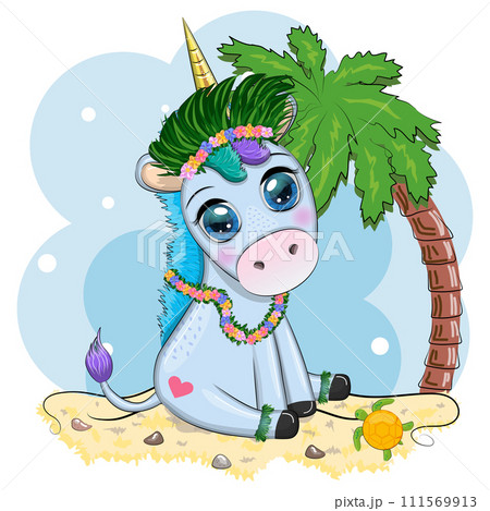 Cute cartoon unicorn dressed as a hula dancer, Hawaii, ready to go character. Summer, sea, palm trees, beach. 111569913