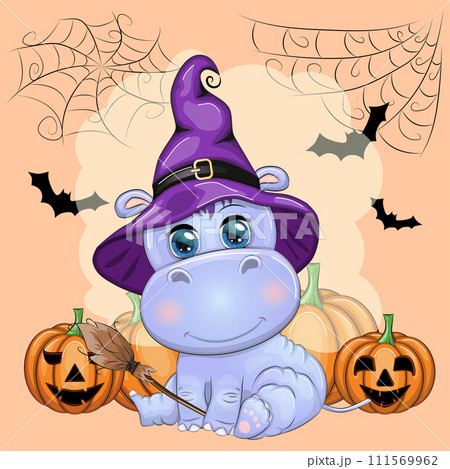 Cartoon hippo with a potion in a purple witch hat and cloak on the background of a castle, pumpkin, moon 111569962