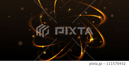 Elegant golden curved glowing with lighting effect sparkle on black background. Template premium award design. Elegant golden curved glowing with lighting effect sparkle on black background. Template premium award design. 111570432