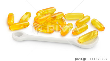 Fish oil capsules isolated on white background with full depth of field 111570595