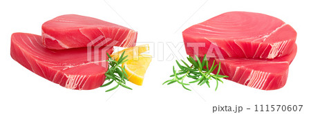 Fresh tuna fish fillet steak with rosemary and lemon isolated on white background with full depth of field 111570607