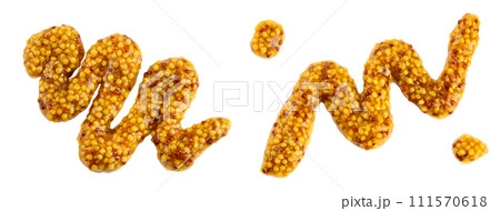Bowl with french mustard isolated on white background with full depth of field. Top view. Flat lay. 111570618