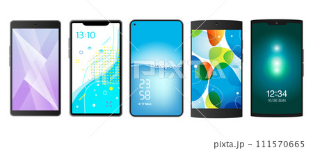 新作スマホのラインナップ、スマートフォンのサンプル比較画像、いろいろな形の携帯電話機種のコレクション 111570665