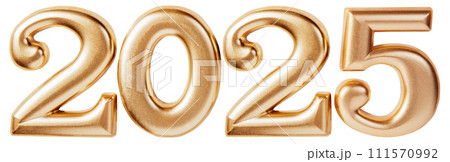Holiday background Happy New Year 2025. Numbers of year 2025 made by gold candles isolated on white background with clipping path. celebrating New Year holiday, close-up. Space for text 111570992