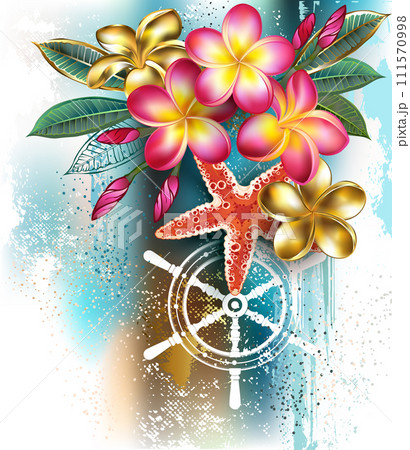 Plumeria flowers on blue background 111570998