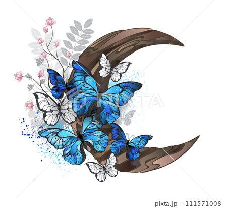 Blue butterflies on wooden crescent Blue butterflies on wooden crescent 111571008