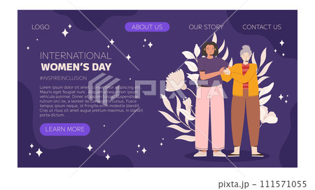 IWD Inspire Inclusion campaign, International Women's Day 2024 Landing page template features a diversity of women making heart gesture with their hands. Vector hand drawn illustration in flat style 111571055