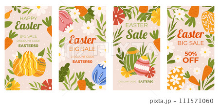 Easter promotion collection of vertical social media template. Design with carrots and flowers, painted eggs. Hand drawn Spring sale set 111571060