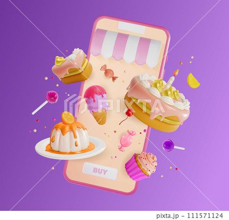 3d Sweet Store Order Online Concept Background Cartoon Style Smartphone with Floating Cupcake, Candy, Ice Cream and Cake. Vector illustration 111571124