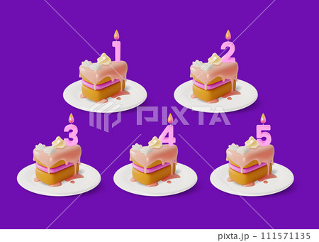 3d Birthday Cake Piece with Candle Numbers Set Cartoon Style for Anniversary Party Pie. Vector illustration 111571135