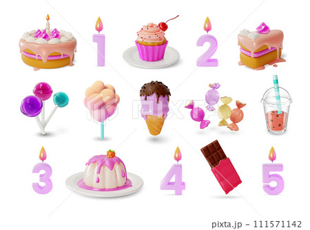3d Candle Numbers and Sweet Desserts Set Cartoon Style Chocolate, Cupcake, Cake, Panna Cotta, Ice Cream and Cotton Candy. Vector illustration 111571142
