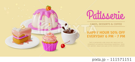 3d Patisserie Cakes Desserts and Coffee Ads Banner Concept Poster Card Panna Cotta, Piece Cake and Muffin. Vector illustration 3d Patisserie Cakes Desserts and Coffee Ads Banner Concept Poster Card Panna Cotta, Piece Cake and Muffin. Vector illustration 111571151