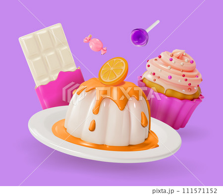 3d Floating Panna Cotta with Orange, Cupcake and Chocolate Sweet Dessert Food Concept Cartoon Style . Vector illustration 3d Floating Panna Cotta with Orange, Cupcake and Chocolate Sweet Dessert Food Concept Cartoon Style . Vector illustration 111571152